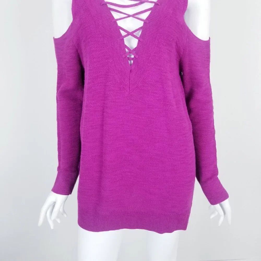 Express Pink Lace Up Cold Shoulder Sweater Medium - Picture 3 of 6